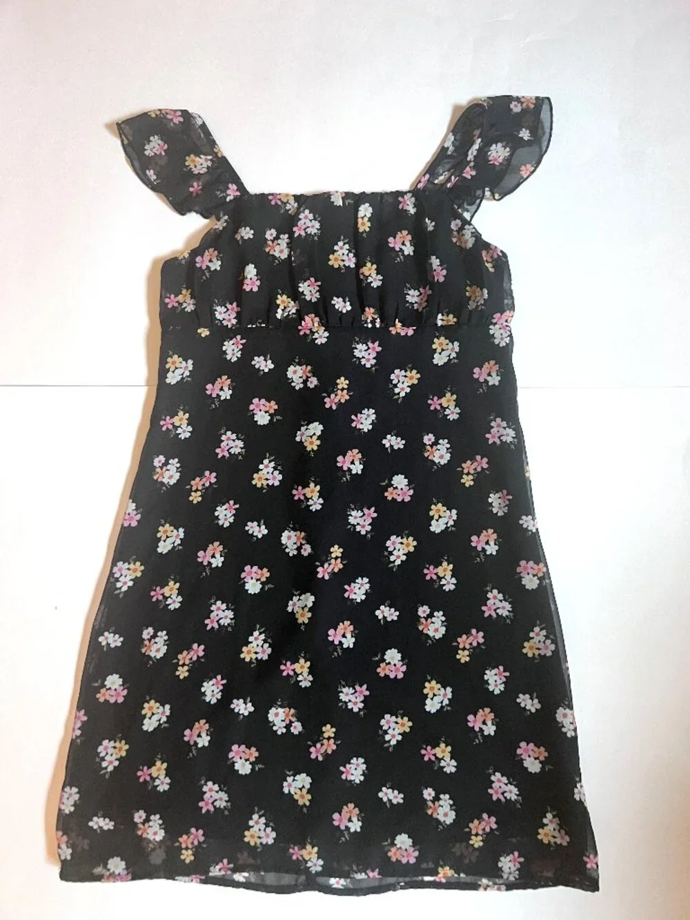Cute Art Class Black Floral Dress with Ruffled Cap Sleeves-Size Girls 10-12